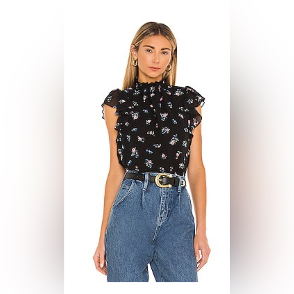 1. State flutter sleeve smocked neck top in calico roses, size medium